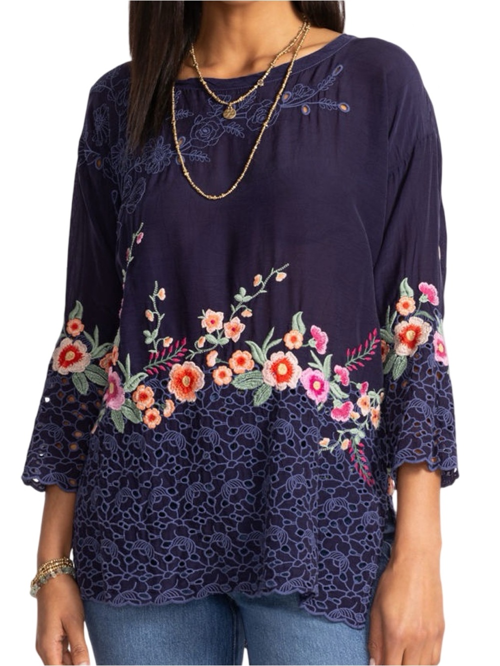 Johnny Was Women’s Size S Navy Blue Brixley Floral Embroidred Eyelet Tunic Top